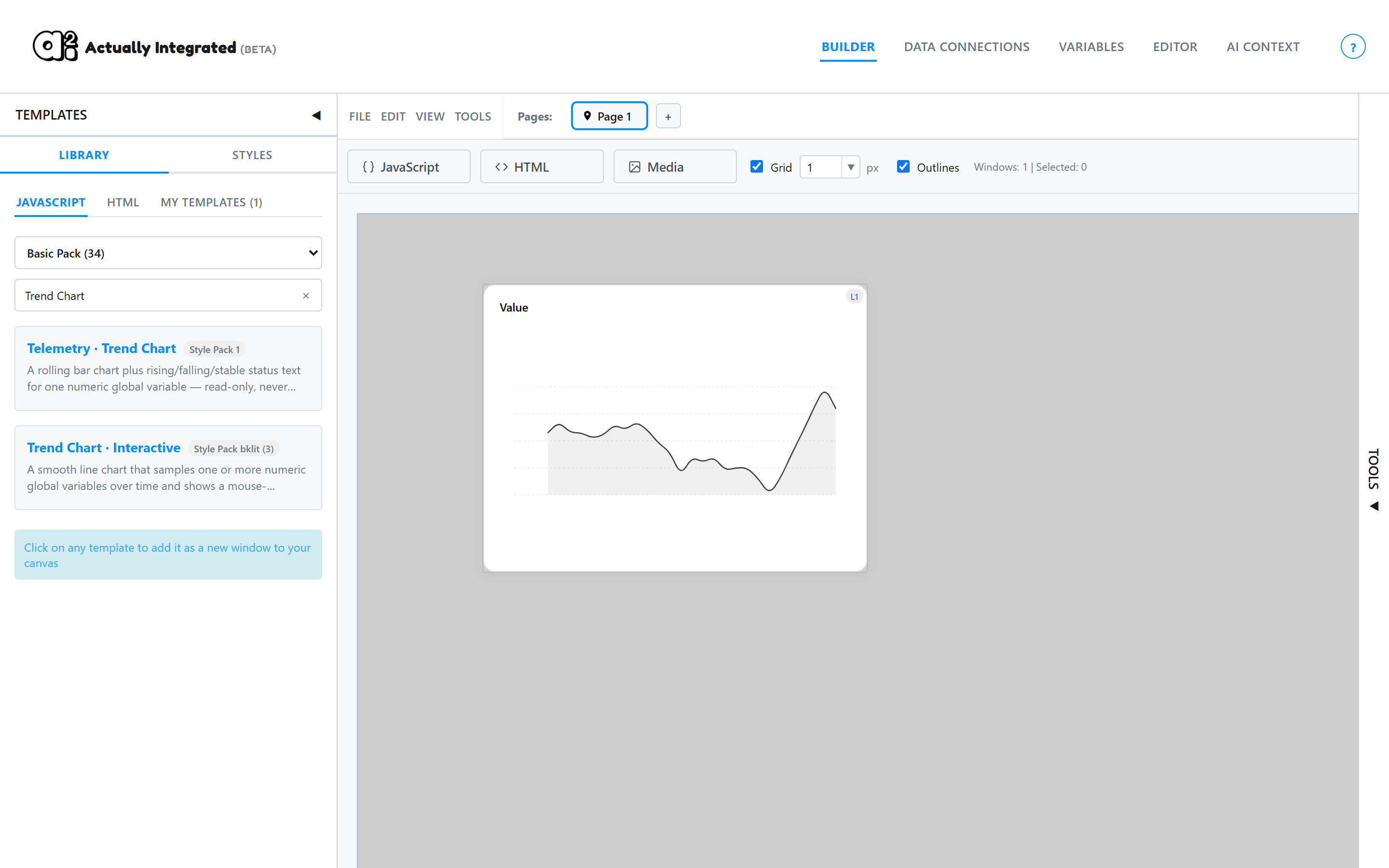 The Templates library open with a chart template added to the canvas